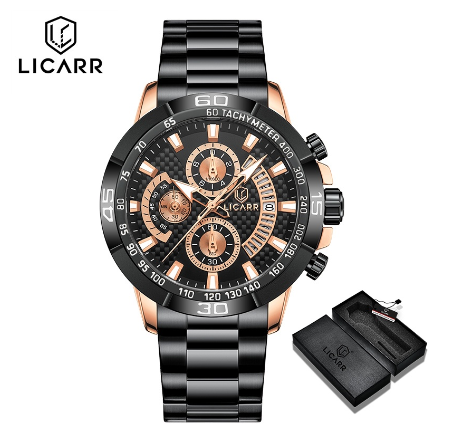 LICARR Brand Original Men's Watches Luxury Fashion Casual Chronograph Quartz Military Watch Men Waterproof 9508 ROSEGOLD BLACK