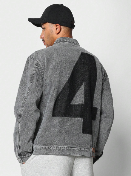 SUMWON Washed Denim Trucker Jacket With Number 4 Graphic Print