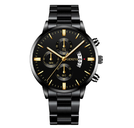 GENEVA Luxury Silver Mens Stainless Steel Analog Watches Mens Three Eyes Calendar Quartz Business Wristwatch Men Watch BLACK GOLD