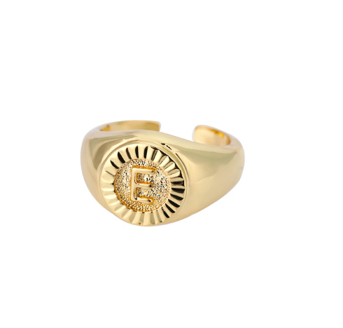Maxzone Vintage Initial Letter Signet Rings For Women Stainless Steel Ring Round Opening Gold Letter Ring Aesthetic Wedding Jewelry Gift E