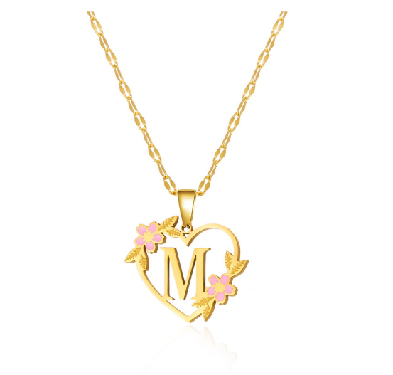 18K Gold Non Fading Letter Necklace Stainless Steel Personalized Initial A-Z Pendant Flower Non Black Necklace Jewelry Gift for Women Girlfriend M