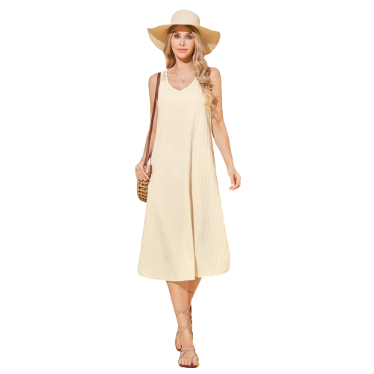 Lovito Women Boho Plain Fabric Stitching Dress LBL06091 (Khaki)