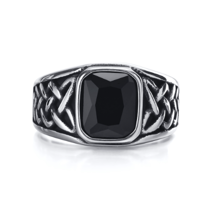Stainless Steel Ring Full Light Square Black Glass Celtic Knot Ring