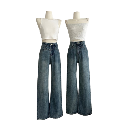 ovito Women Structure Line Washed Fabric Stitching Jeans LNE22030 (Blue)