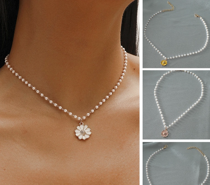 Korea Necklace Jewelry Fashion Alloy Pearl Chrysanthemum Pendant Necklace