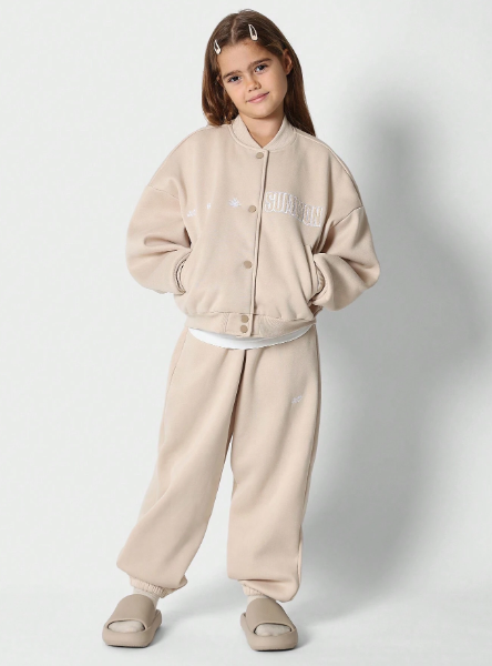 SUMWON Tween Girls Bomber Jacket And 90s Jogger With Embroidery 2 Piece Set