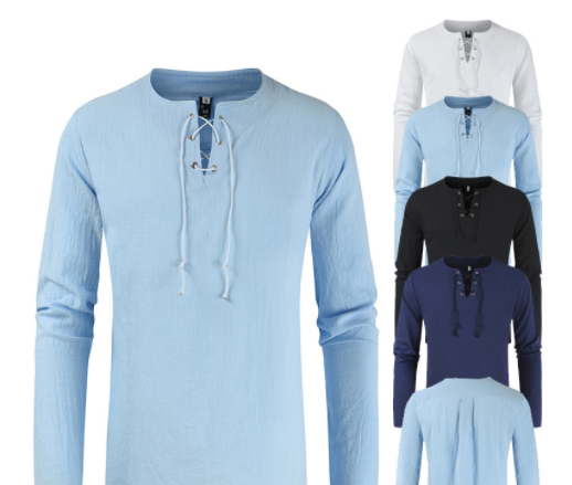 Men's New Cotton And Linen Solid Color Lace-up Shirt With Casual Fashion Loose Plus Size