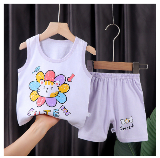 For Baby Girls & Kids Sleeveless Shorts Set Pure Cotton Summer Wear For Kids Girls S2