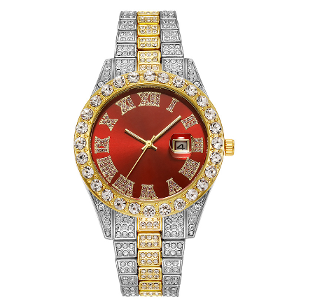 new rhinestone starry hip hop men's watch magnifying glass calendar full diamond roman scale alloy steel band watch men F9