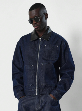 SUMWON Cropped Denim Zip Through Jacket With PU Contrast Collar