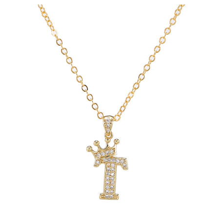 Luxury Crystal Zircon Alphabet Pendant Necklaces for Women Men Gold Crown Initial Letter Necklace T