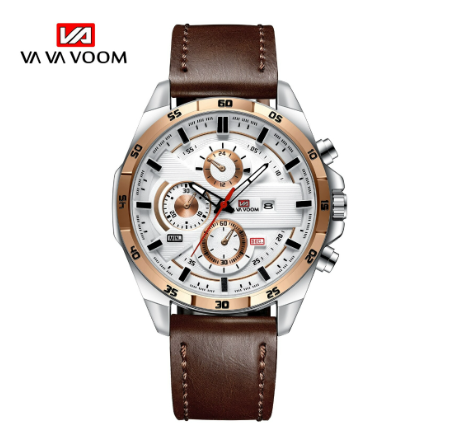 VA VA VOOM Fashion Mens Watch Top Brand Luxury Watch Waterproof Sport Quartz Clock Military Leather BROWN ROSEGOLD