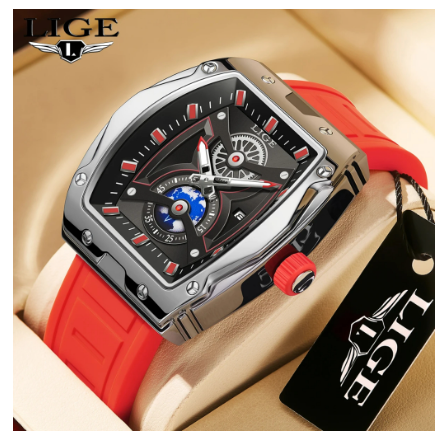 LIGE Business Relo Men Original Fashion Steel Solid Square WristWatch Casual Sport Waterproof Luminous Quartz Watch RED