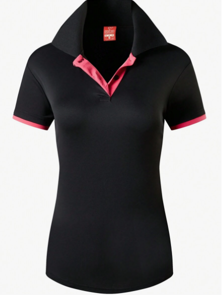 Women's Black Sports Polo Shirt, Quick-Dry And Slim-Fit Short Sleeve Tennis, Badminton, Golf, Bowling Shirt, SWT325
