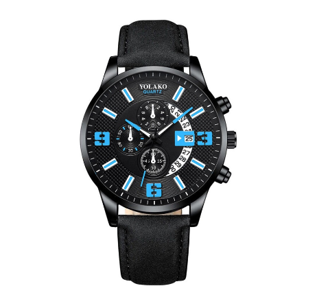YOLAKO Stainless Steel Men's Quartz Sport Waterproof Watch Men Relo Watch LEATHER BLACK BLUE
