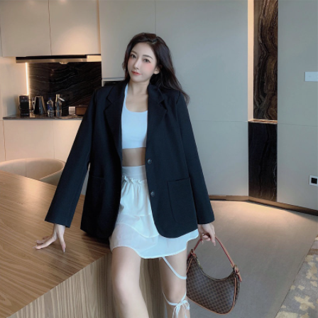 Korean Blazer for Women Suit Jacket Casual Loose Lapel Long Sleeve