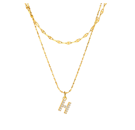 Vnox Double Layered Letter Initial Pendant Necklace,Gold Plated Shiny Zircon Alphabet Charm Necklace for Women H