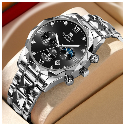VA VA VOOM Men's Watch Stainless Steel Sports Multifunctional Clock Blue Gradual Gold Rhinestone Business Quartz Watch SILVER BLACK