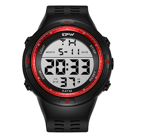 TPW Digital Watch For Male Oversized 53mm Dial 5ATM Waterproof Watches Swimming Calendar Wristwatch RED