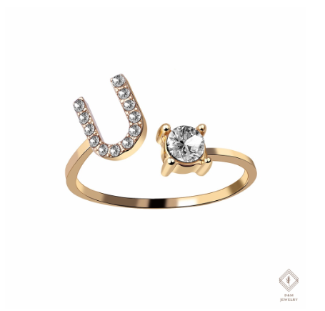 26 Letter Rings Cubic 14K Gold Promise Ring Diamond Ring Wedding 925 Silver Ring Adjustable Size U