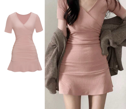 Lovito Women Casual Plain Ruffle Hem Ruched Dress L65ED109 Pink