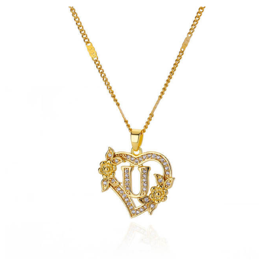 Zircon Stainless Steel Heart Flower Letter Necklaces For Women Gold Color A-Z Letter Heart Necklace U