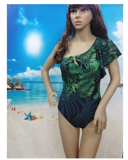 Lady Swimwear Swimsuit Blackish Green One Piece Printed Sexy One Shoulder Personality Women