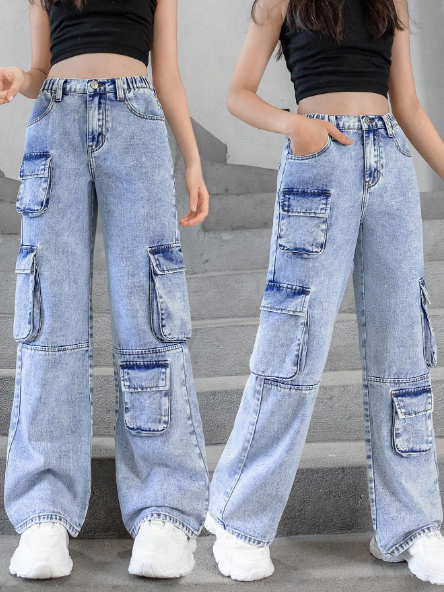 SHEIN Streecool Kids Tween Girls Casual Cargo Pants With Multiple Pockets, Relaxed Straight Leg Denim Jeans For Music Festival