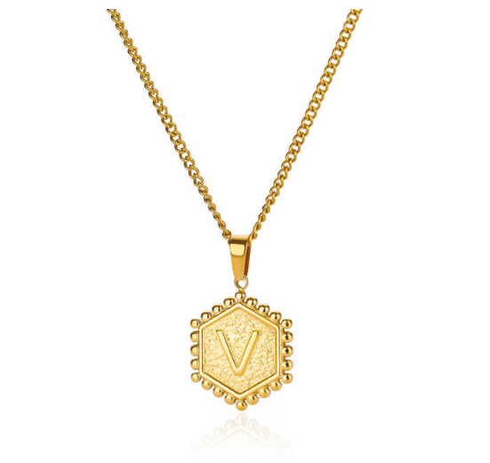 Fashion Hexagon A-Z Letter Necklaces For Women Stainless Steel Initial Hexagon Pendant Necklace V