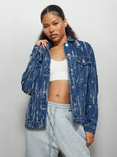 SUMWON WOMEN Distressed Denim Jacket With Branded PU Denim Badge
