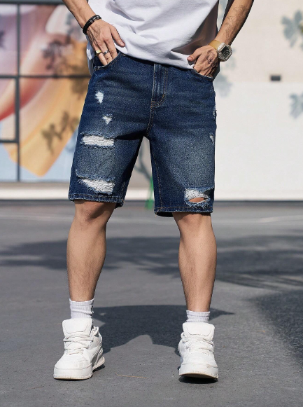 Manfinity Homme Men's Distressed Solid Denim Shorts