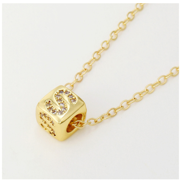 18K Gold Plated Titanium Steel English Letter Pendant Necklace Collar Chain Women's Fashion Copper Inlaid Zircon Dice Necklace Neckchain S