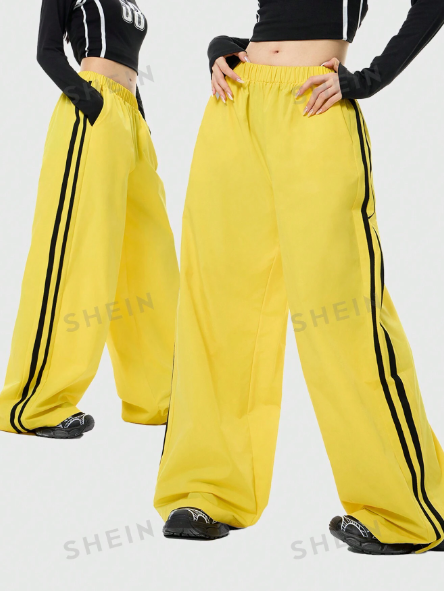 SHEIN Coolane Women's Street Style Vintage Contrast Trim Fashionable Versatile Color Block Low-Waist Long Pants