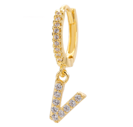 Letter Hoop Earrings Alphabet Zirconia Earings 14K Gold Ear Stud V
