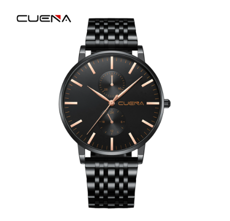 CUENA Original Brand New Men's Watch Fashion Business Luxury Automatic Calendar Sports Stainless Steel Wrist Strap Waterproof  Watch BLACK GOLD