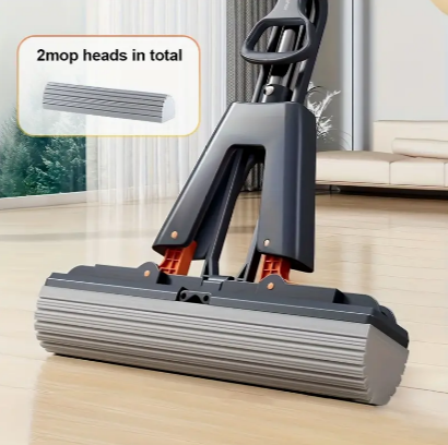 1set, Double-fold Sponge Mop With Total 2 Heads, Super Absorbent Floor Cleaning Mop, Hand-free Wash Mop, Wet And Dry Use, Dust Removal Sponge Mop For Kitchen Bathroom Tile Hardwood Laminate Floors, Cl
