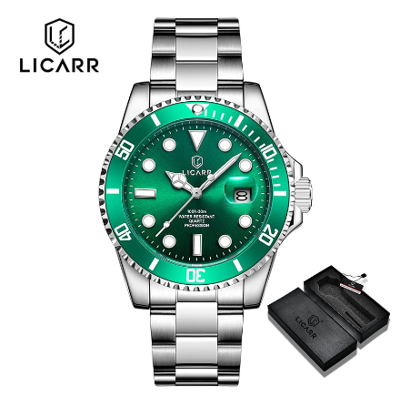 LICARR Brand Men's Watches Top Luxury Casual Sport Military Quartz Men Watch Fashion Luminous Waterproof 9512 SILVER GREEN