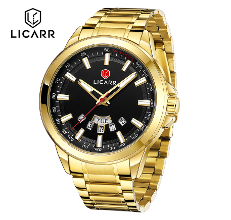 LICARR Brand Watch Men Fashion Sport Waterproof Quartz Business Men's Watches Date Week Display Luminous 9517 GOLD BLACK