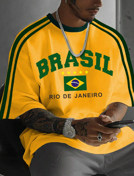 Manfinity Sporsity Plus Size Men's Casual Brazil Flag Letter Print Short Sleeve Round Neck T-Shirt, Summer,Graphic Tee