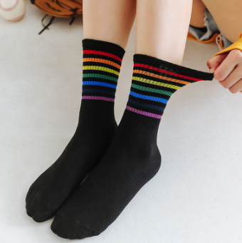 Fashion Winter Rainbow Striped Girls' Crew Socks Korean Style Autumn Cotton Sweet Colorful Women Casual High Ankle Socks Female Mid-calf