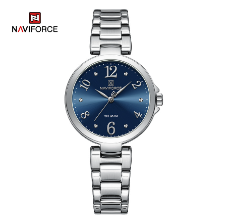 Naviforce Ladies Top Brand Fashion Quartz Stainless Steel Waterproof Analog Date Clock SILVER DARK BLUE