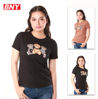 BNY Ladies Jersey Round-Neck T-Shirt with Teddy Bear Graphics 465