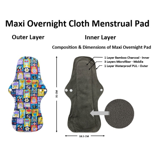 Maxi Overnight Organic Bamboo Charcoal Waterproof Washable Reusable Napkin Heavy Flow Menstrual Pads MP12