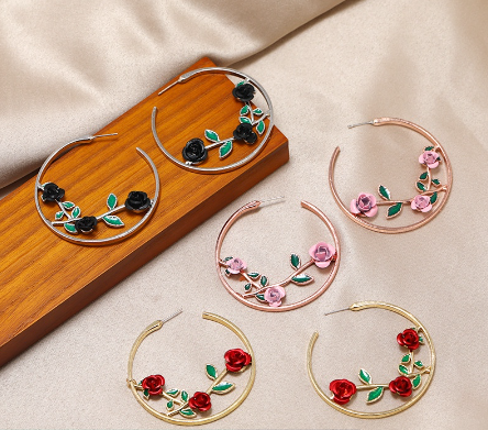 Hoop Earrrings Trendy Large Earrings Multi-Color Rose-Shaped Exaggerated Round Temperament Earrings