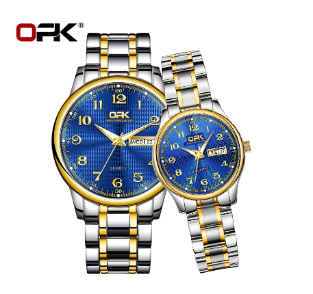 OPK Couple Watch Waterproof Original Silver Gold With Box Stainless Steel Watch BLUE DIAL TWO TONE