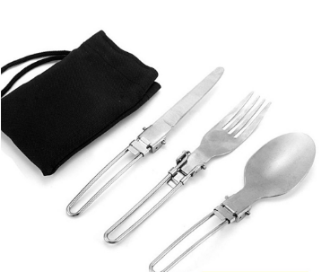 Outdoor Camping Portable Foldable Cutlery Stainless Steel Folding Cutter Spoon & Fork Set with Pouch