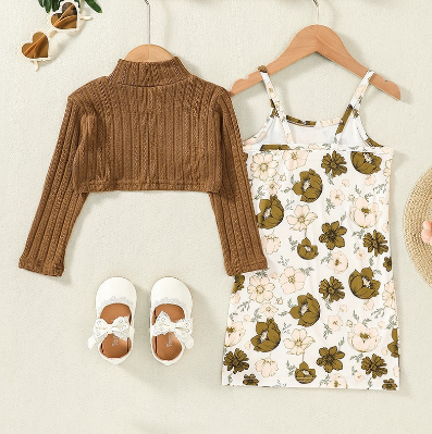 Terno For Kid Girl 1-6 Years old Fashion Long Sleeve Croptop Sweater and Floral Dress Outfit Toddler Clothing Set Fashion Kids Wear