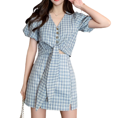 Lovito Women Casual Gingham Button Zipper Split Skirt Sets LNE40217