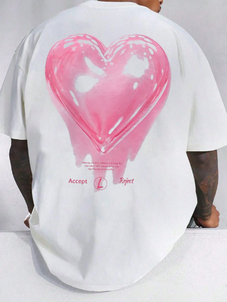 Manfinity Homme Men Plus Size Summer Slogan Heart Print Round Neck Short Sleeve Casual T-Shirt