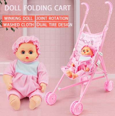 Girl Sitting in a Baby Carriage Will Blink Doll with a Baby Carriage